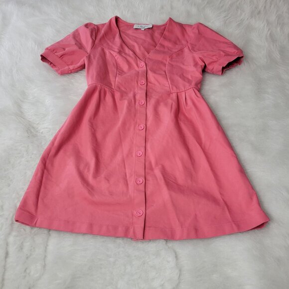 L'Academie Calypso Coral Pink Short Sleeve Violet Button Down Mini Dress Small - Picture 15 of 15